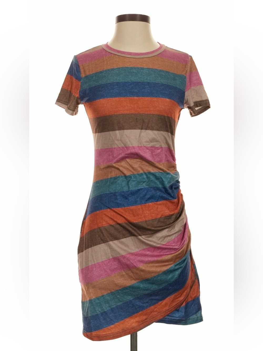 Shein Multi Color Striped Ruched Bodycon Dress Short Sleeve Size Small